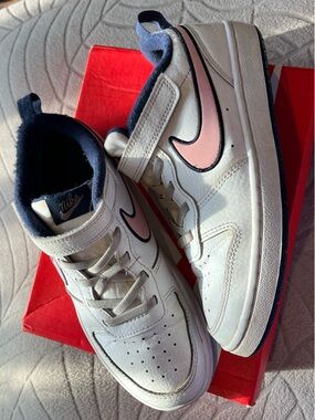 Nike Kids White Sneakers with Pink Swoosh and Navy Trim